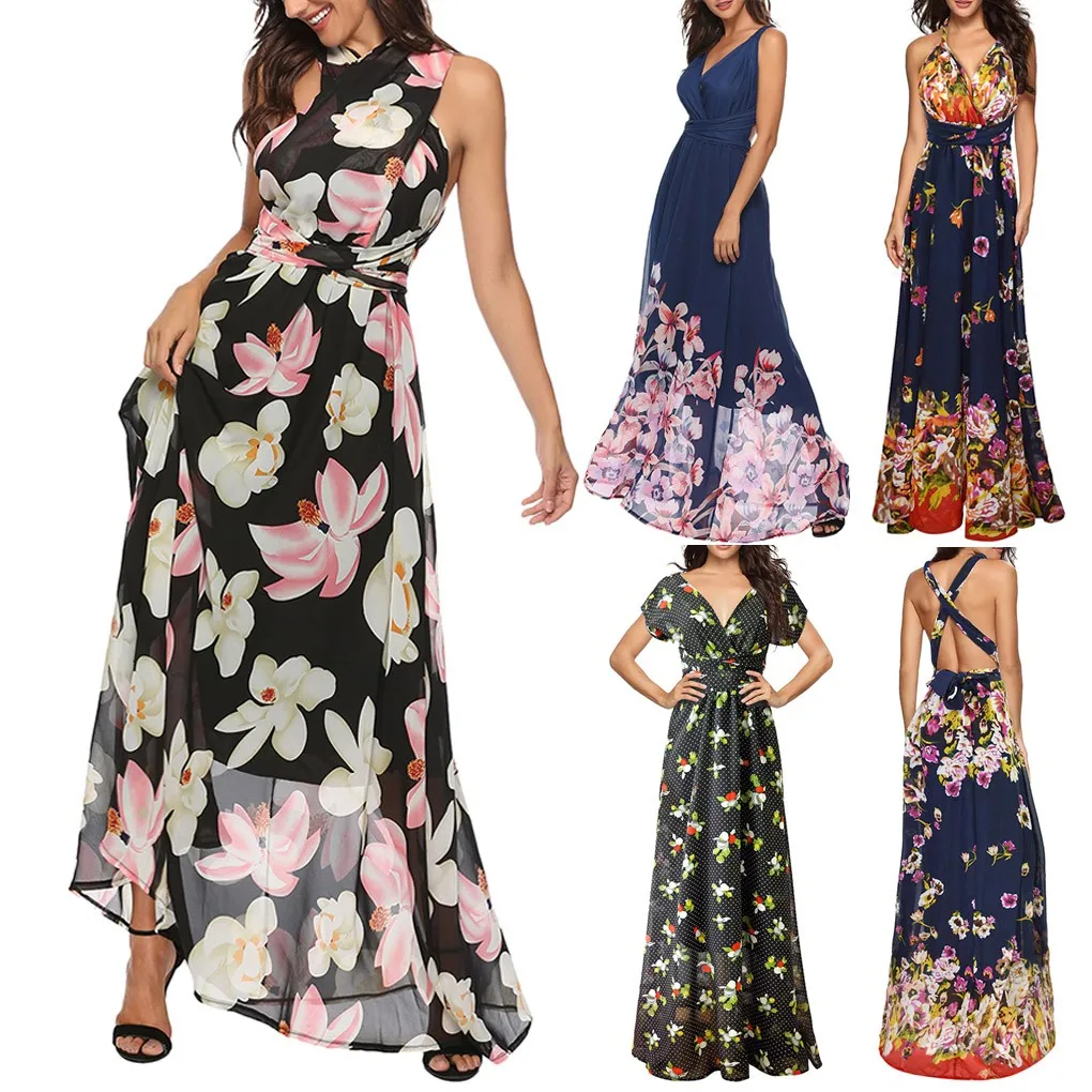 

Sexy backless cross bandage print summer dress women v neck sleeveless long Swing Beach dress Summer party robe femme vestidos