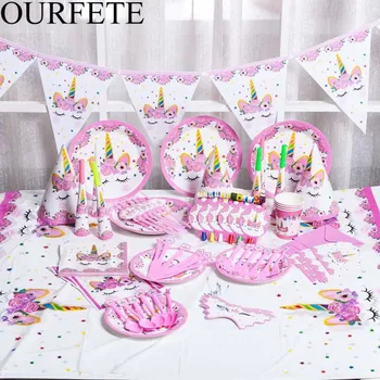 

Magical Unicorn Disposable Tableware Rainbow Unicorn Paper Plate Cup Happy Birthday Party Decorations Kids Baby Shower Favors