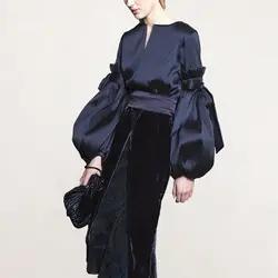 High Street дизайн Элегантный для женщин; большие размеры костюмы с пышными рукавами Блузка бархат тонкая юбка Bodycon комплекты из двух