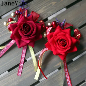 

JaneVini Accesories Burgundy Wine Red Rose Groom Boutonniere Men Suit Wedding Boutonnieres Boyfriend Corsages flor traje novio