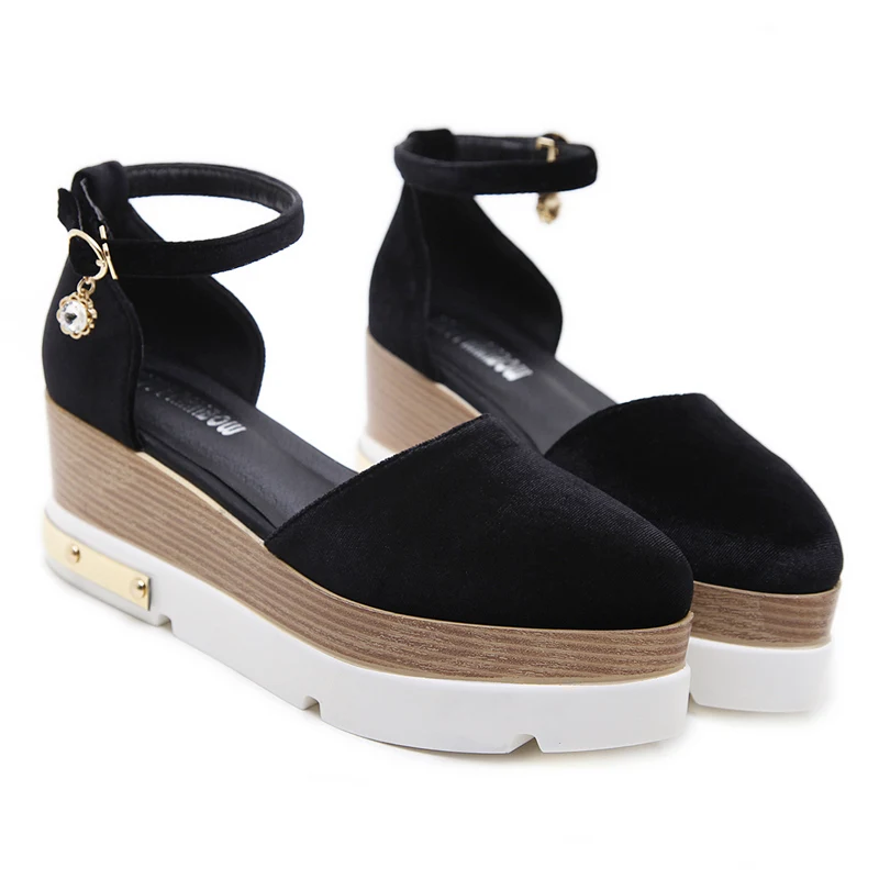 

2019Women Ankle Strap 6.5cm High Heels Sandals Lady Summer Velvet Low Heels Chunky 4.5cm Platform Quality Luxury Shoes YHC-89