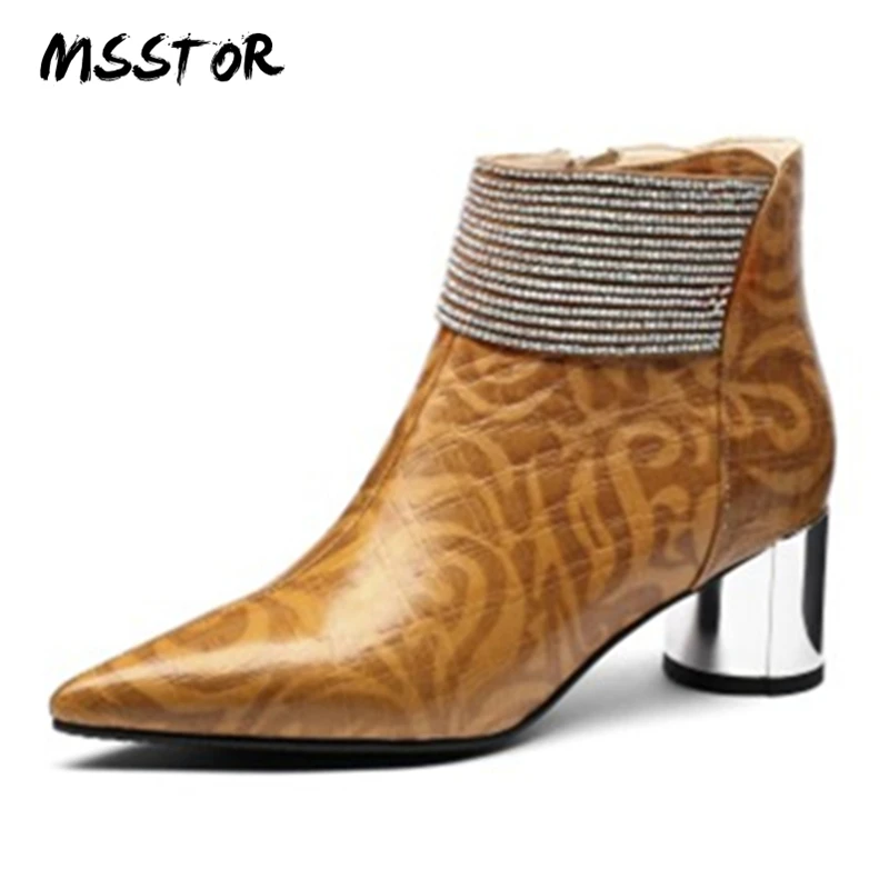 

MSSTOR Embossing Crystal High Heels Boots Women Pointed Toe Black Plus Size Women 43 Autumn Ankle Boots Women Round Heels Pumps