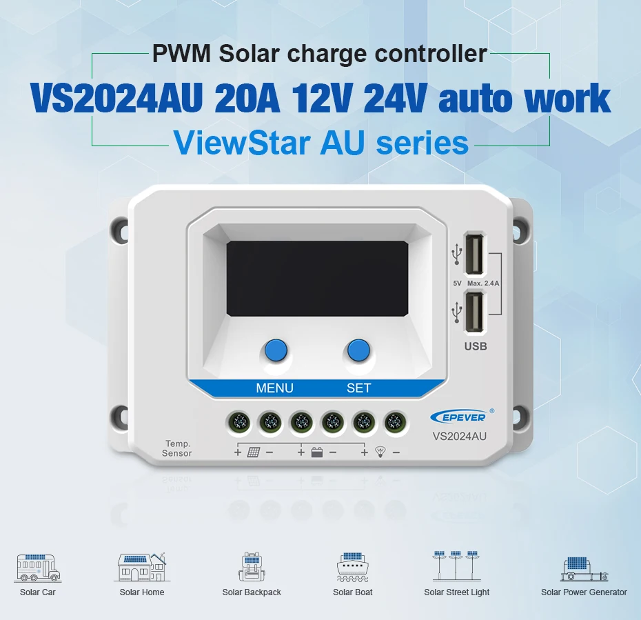 EPever VS2024AU 20A Solar Charge Controller 12V 24V Backlight LCD Dual USB 5V Solar Panel Regulator Common Positive for Home_01