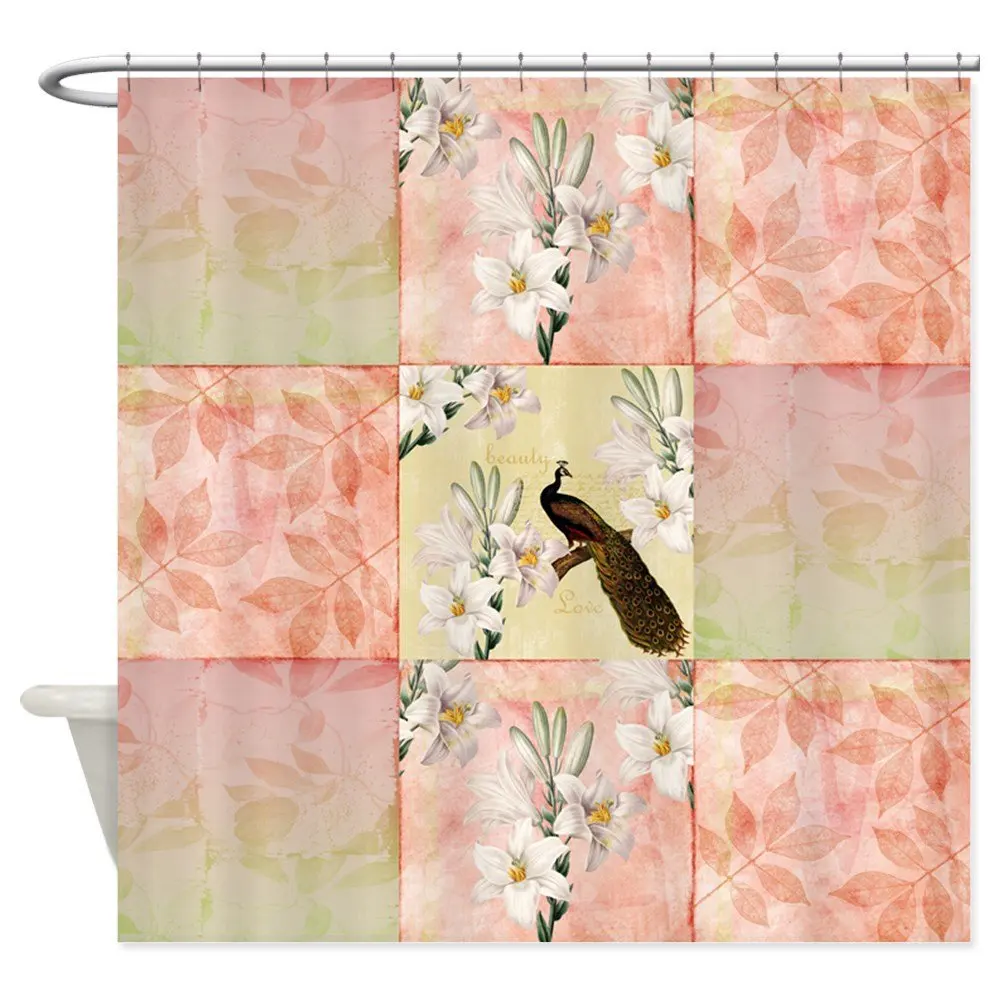 Peach Peacock And Lilies Decorative Fabric Shower Curtain (69"x70