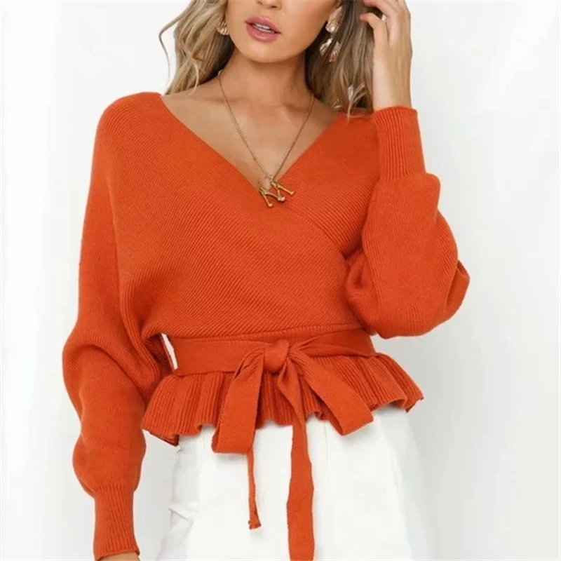 

Elegant Bow Lace Up Knitted Women Pullover Sweater 2019 Autumn Long Batwing Sleeve V Neck Pull Femme Jumper Tops Casual Sueter