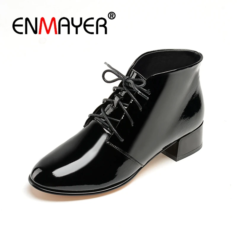 

ENMAYER Women Ankle Boots Size 35-40 Causal Low Heels Thick Heel Fashion Boots Round Toe Real Leather Shoes woman Lace up CR1295