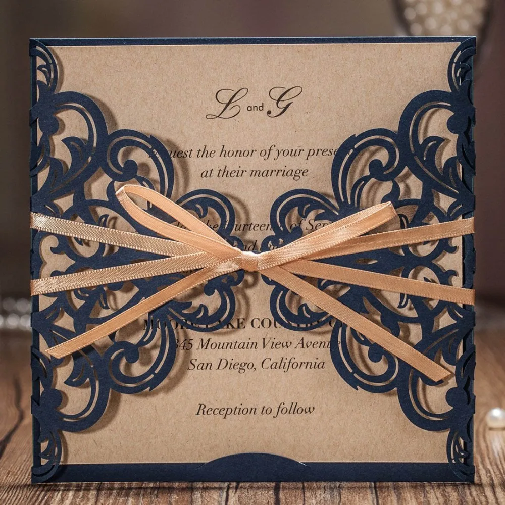 

WISHMADE 1pcs Navy Blue Laser Cut Wedding Invitations Cards with Kraft Inner Card White Envelopes for Pary Supplies CW6175B