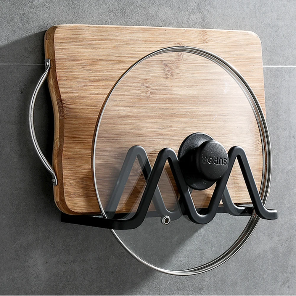 Креативный Многофункциональный беспробиваемый держатель для кухонных приборов, разделочный горшок с крышкой, настенное крепление WY7091700 - Цвет: Черный