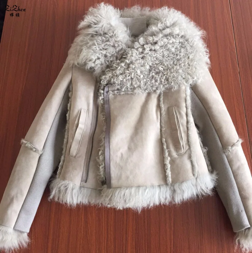 Зимнее роскошное теплое короткое пальто из натуральной овчины, натуральный мех ягненка, замшевая куртка, толстый мех, пальто для женщин 180315-2