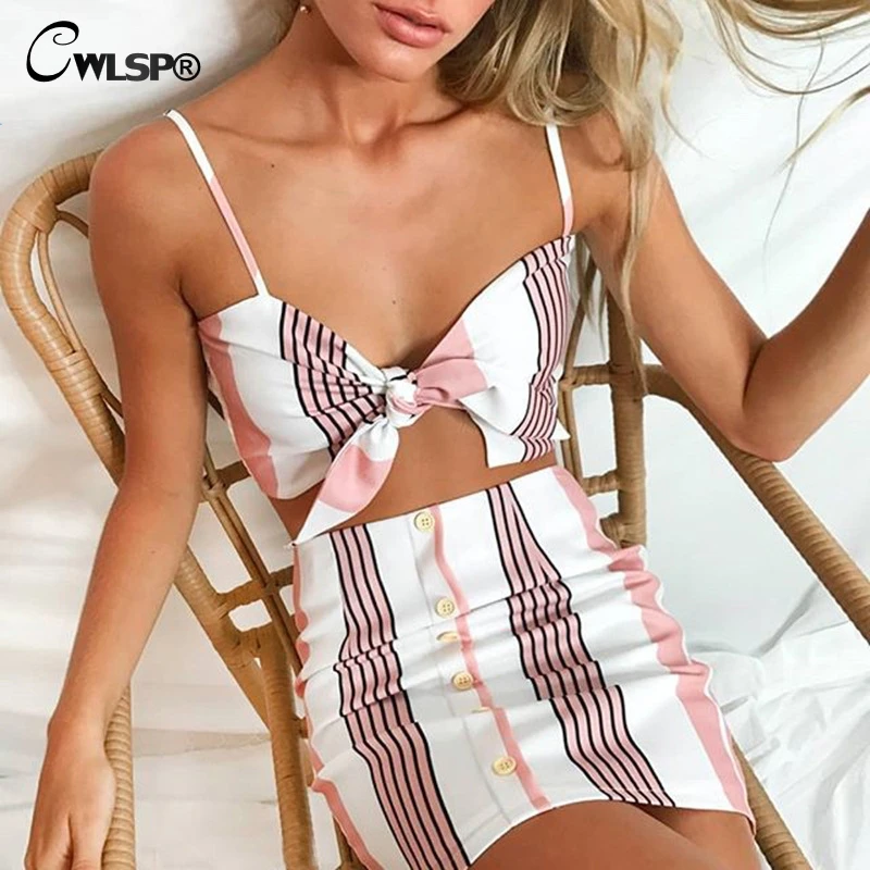 

CWLSP Patchwork Summer 2 pieces set Dress Button Lace up Women Two piece outfits Crop Tops and Skirts conjunto feminino QL3825