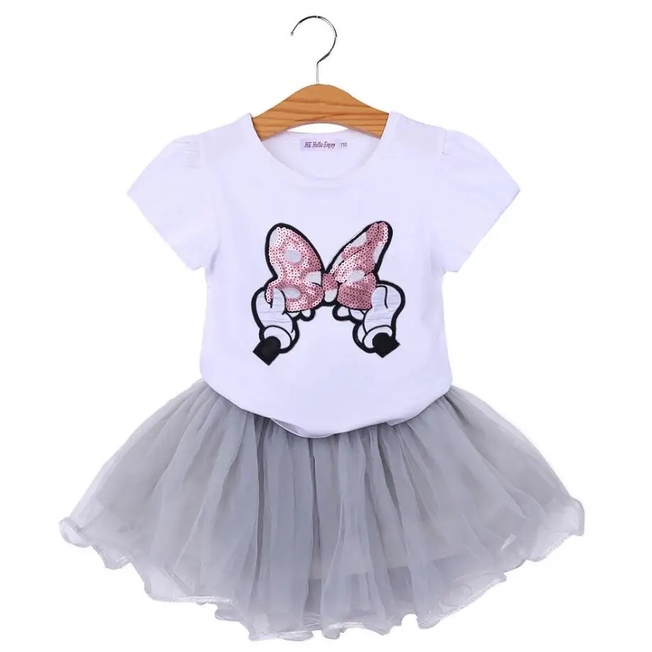 Комплект одежды для девочек, летние хлопковые комплекты одежды с короткими рукавами и Микки и Минни для девочек, рубашка и юбка, 2 предмета, детская одежда - Цвет: gray