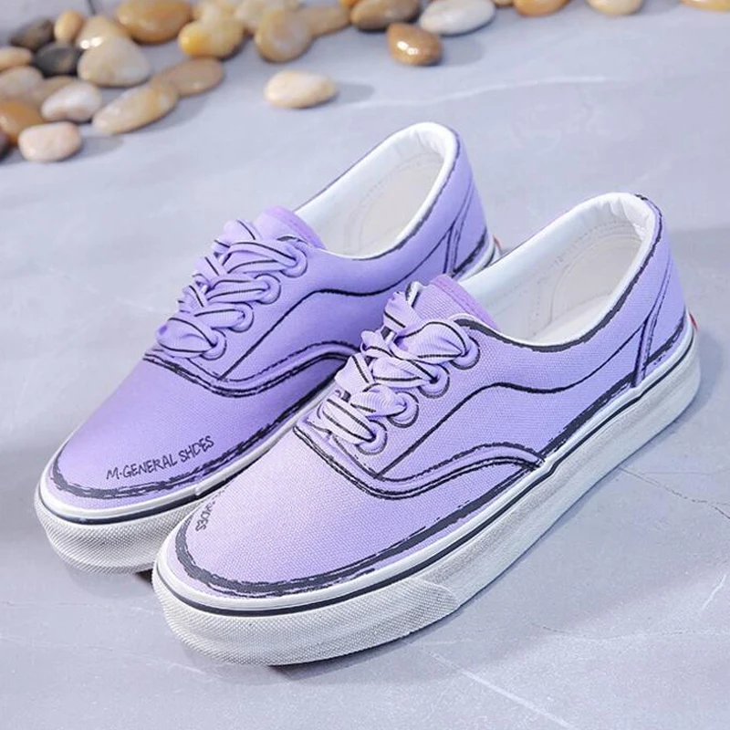 

{D&Henlu}White Canvas Sneakers Women Casual Shoes Canvas Platform White Sneakers Lace-Up Purple Shoe Black