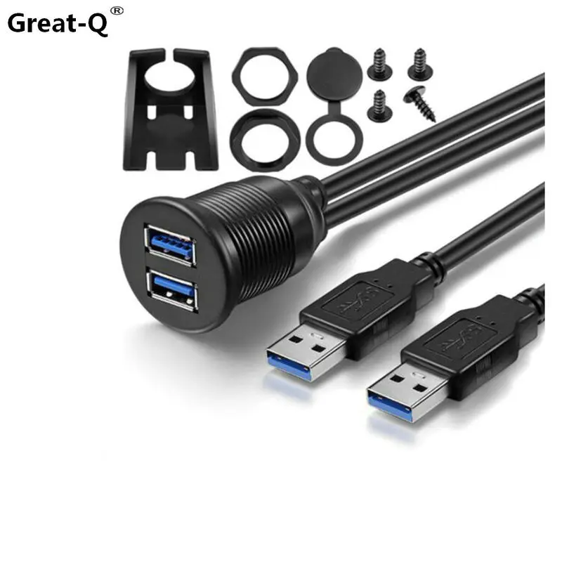 

1m Waterproof Flush Mount Dual USB Dock Adapter Dashboard Panel USB 3.0 Port Male to Female Extension Cable for Car Motorcycle