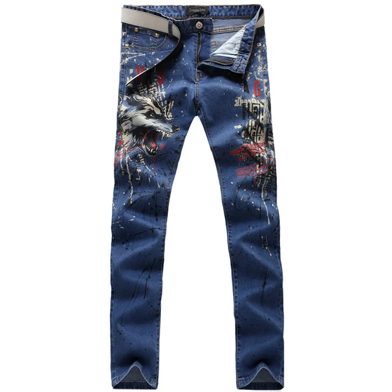 2017 new fashion straight leg jeans long men male printed denim pants ...