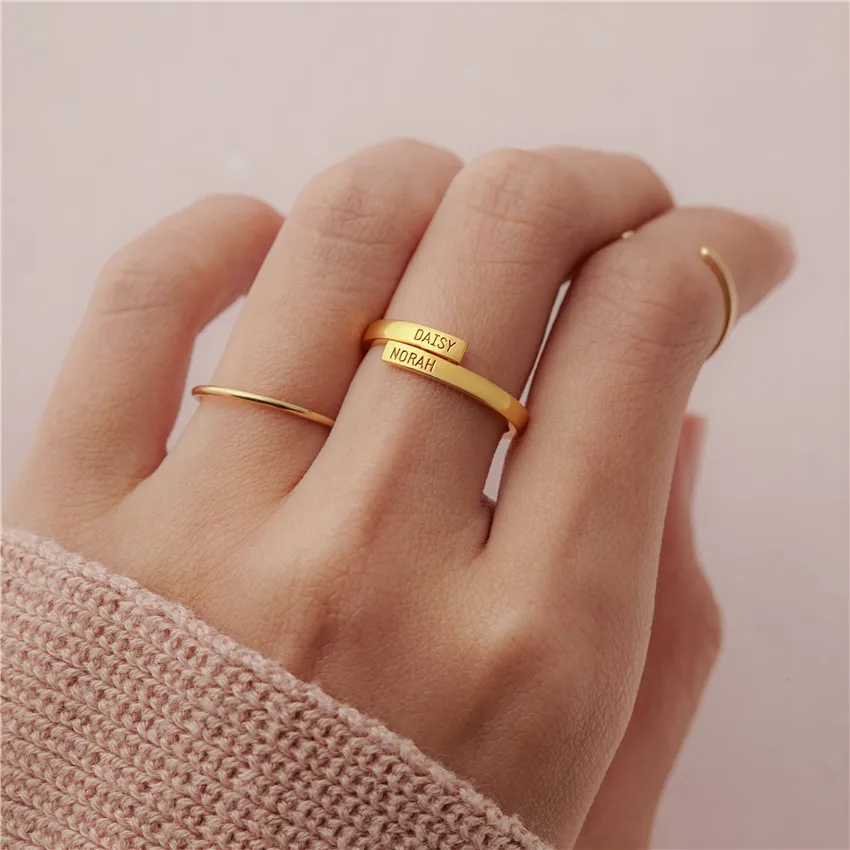 Кольцо на заказ из нержавеющей стали с двойным именем и гравировкой для женщин, Золотое кольцо anillos mujer BFF, ювелирные изделия