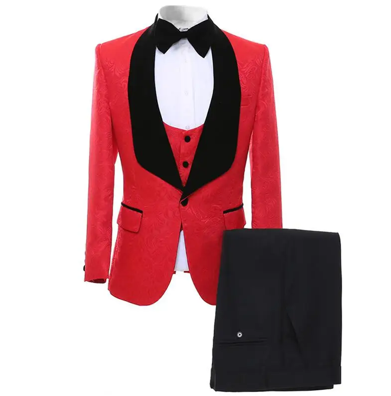 YUNCLOS модные жаккардовые Мужские приталенные костюмы с шалевым воротником мужские свадебные костюмы из 3 предметов костюмы для выпускного вечера элегантное вечернее платье - Цвет: Красный