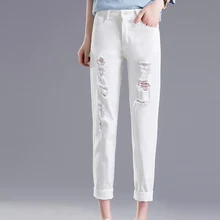 Джинсы женские осенние женские шаровары с высокой талией длиной до щиколотки хлопковые эластичные женские джинсовые брюки рваные Mujer Pantalon Femme