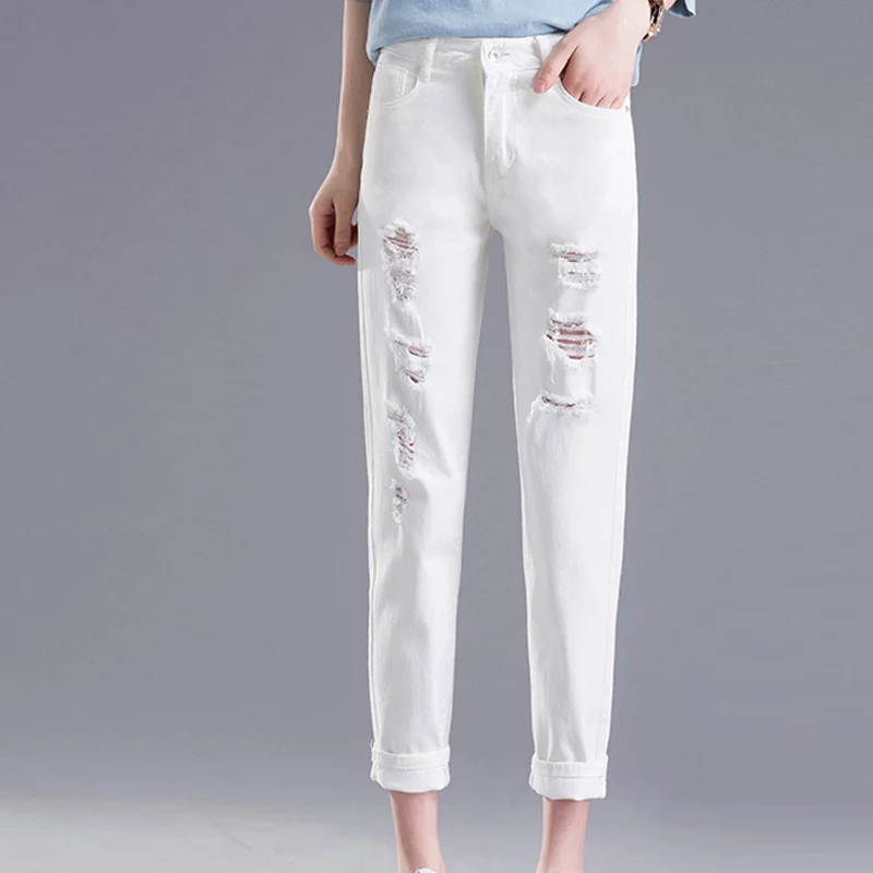 

Jeans Woman Autumn Women Harem Pants High Waist Ankle-length Cotton Elastic Ladies Denim Trousers Ripped Mujer Pantalon Femme