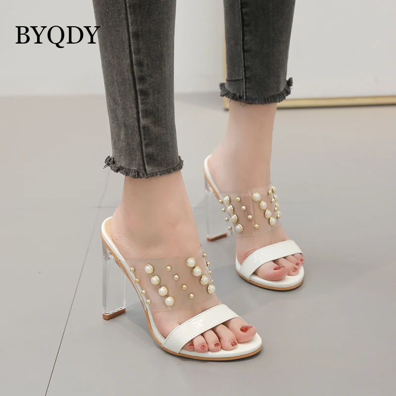 

BYQDY Women Crystal Square Heels Sandals Female Sexy Crystal Transparent High Heels Rhinestone Pearl Chunk Heels Sandals
