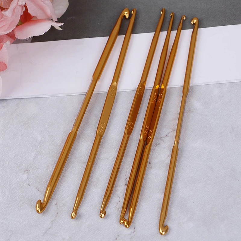 

6Pcs/Set Weave Craft Sweater Knitting Metal Handle Craft Needles Golden Alumina Double End Crochet Hook Knitting Needle Set