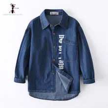 Kung Fu Ant Original Design Spring Fashion Letters 100%Cotton Blue Black Boys Denim Shirts 4T-10T Big Children's Top 3397