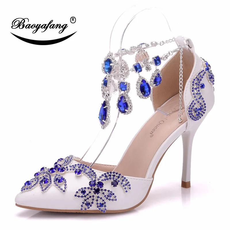 BaoYaFang Royal blue Crystal Ankle Strap Tassel shoes for woman fashion