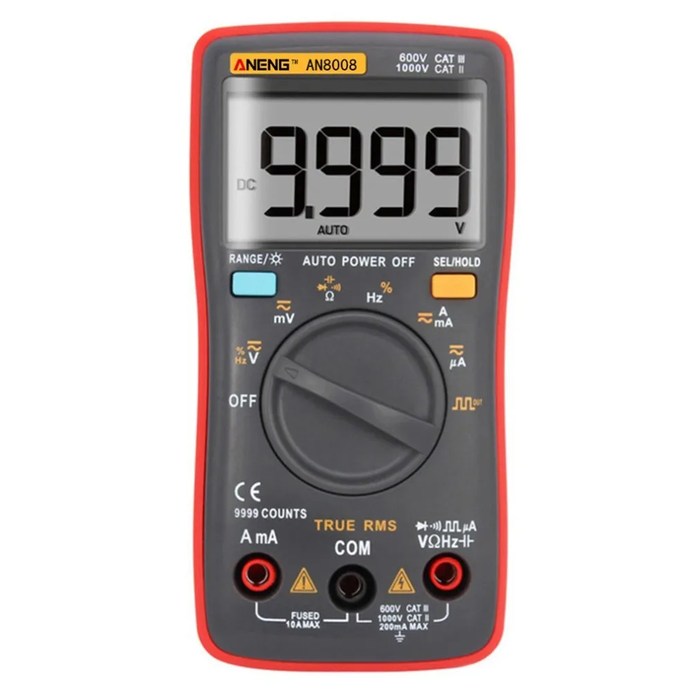AN8008 оранжевый True-RMS цифровой мультиметр 9999 отсчетов Транзистор тестер Конденсатор Тестер автомобильный Электрический rm409b клип Тест