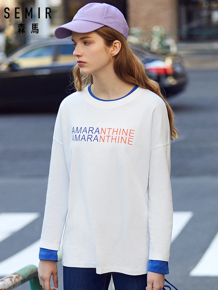 

SEMIR Women 100% Cotton Long Graphic t Shirt Women Oversized Sport Long-sleeved Crewneck Shirt Tee Tops for Spring Autumn