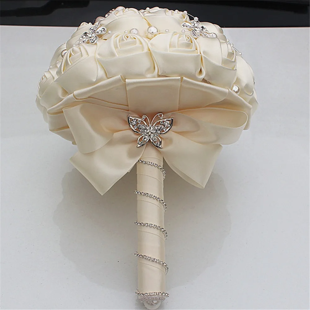 (Запястье цветок и бутоньерка) слоновая кость жемчуг атласный букет Крем Перл бисера цветами в руках Шелковый Свадебный букет невесты