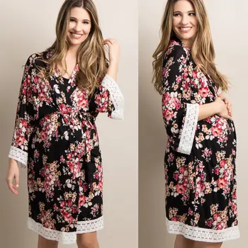 

Silk 2018 New Brand Casual Beige/Blue/Black Ladies Stylish Floral Lace Trim Delivery/Nursing Maternity Robe