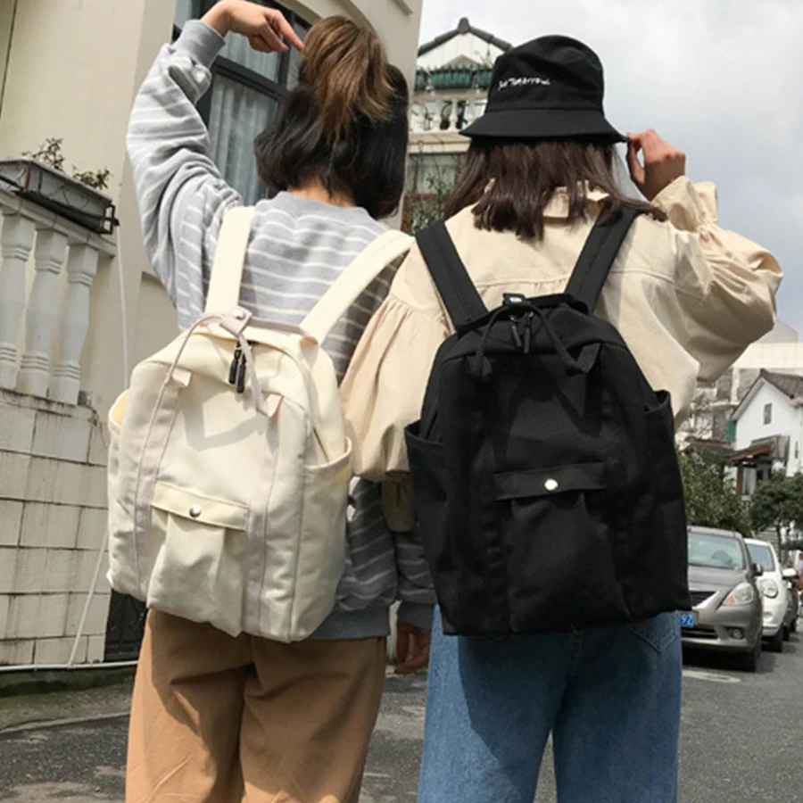 

Harajuku Canvas Backpack Women Large Capacity School Bags Travel Bags For Girls Casual Teenager Solid Color Shoulder Bag Chic