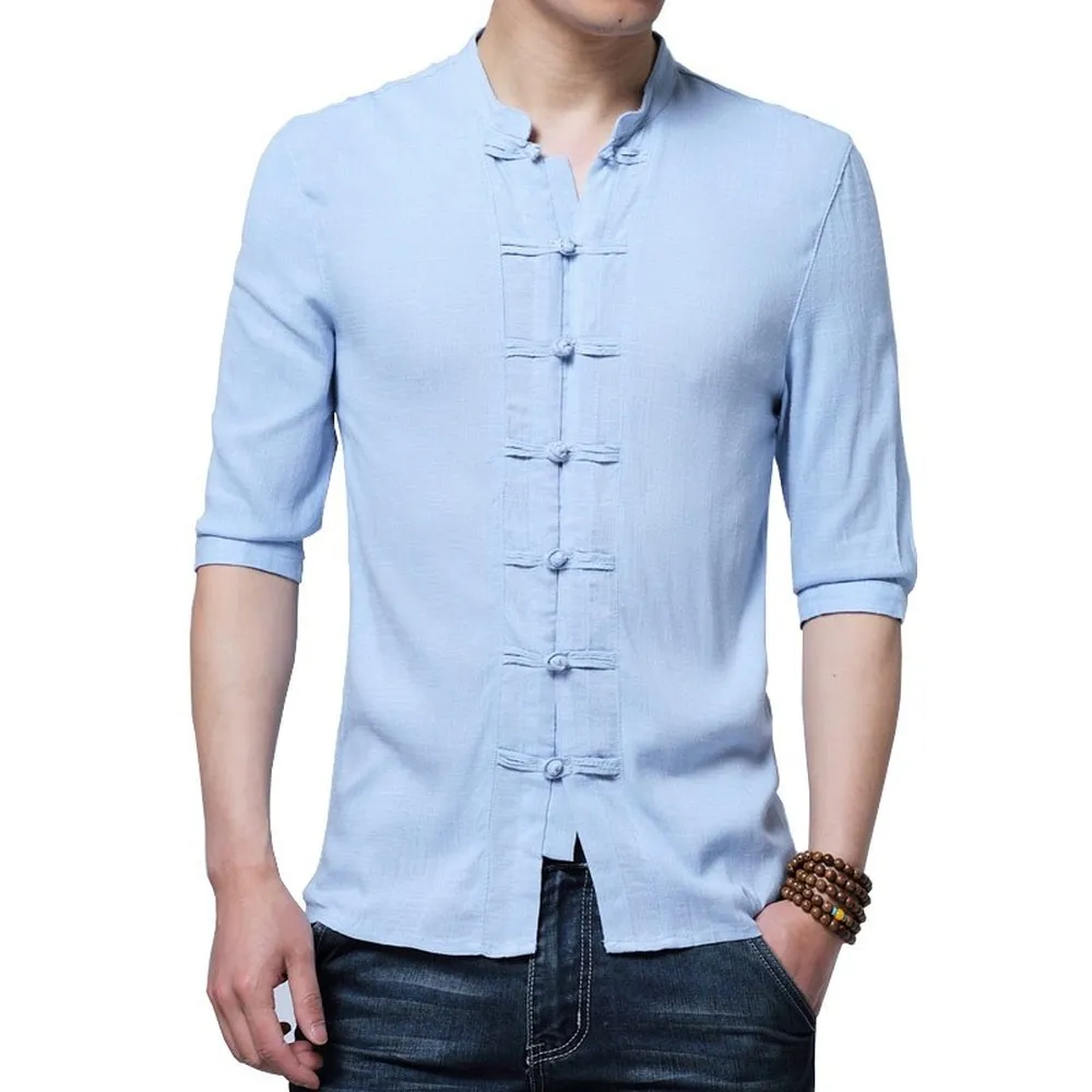 Prix Hommes d été Lin Shirts moitié Manches de Style Chinois Mandarin Col Traditionnel Kung Fu Tang Sociale Occasionnel 4XL Chemise Vêtements