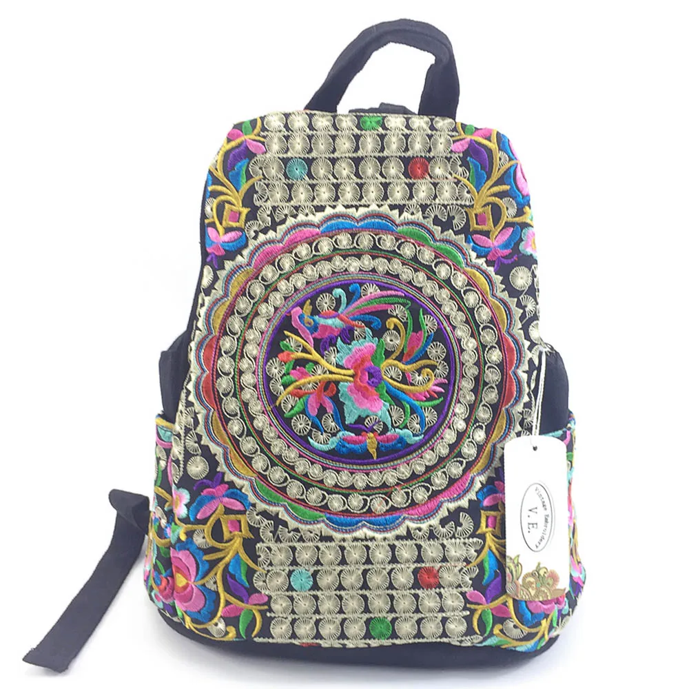 Mochila de lona étnica bordada Vintage para mujer hecha a mano con flores bordadas bolsas de viaje Mochila