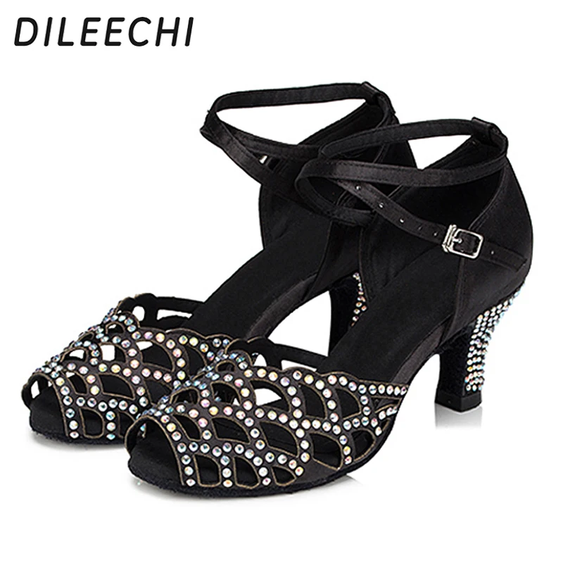 

DILEECHI Women's Latin dance shoes Rhinestones Black salsa heel 6cm adult ballroom dancing shoes satin soft bottom Party shoes