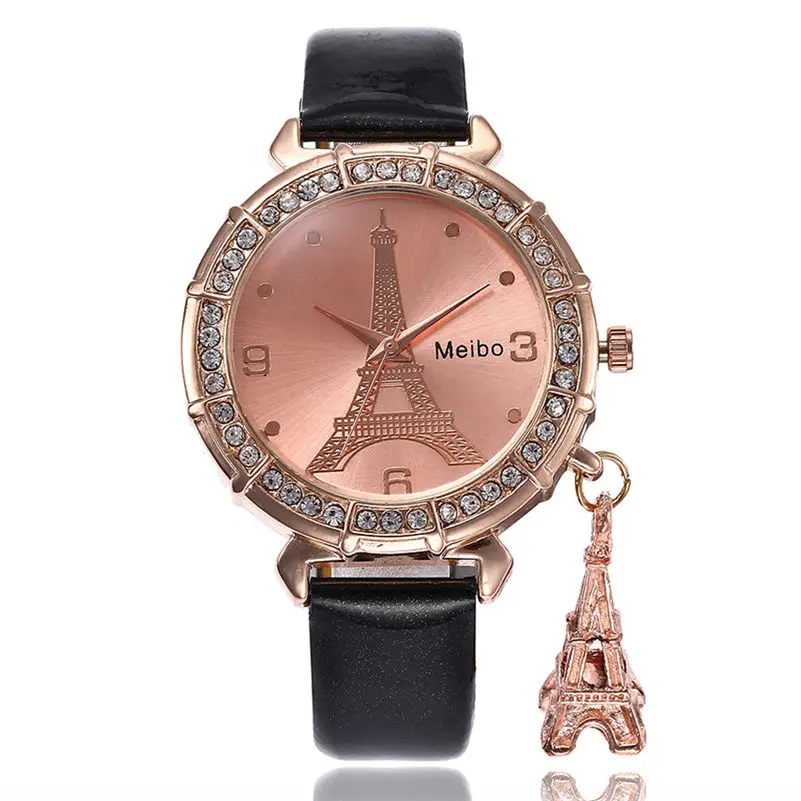 

Fashion Ladies Watches Women Quartz Wrist Watch The Eiffel Tower Rhinestone pendant Watch For Ladies Casual Clock reloj mujer #D