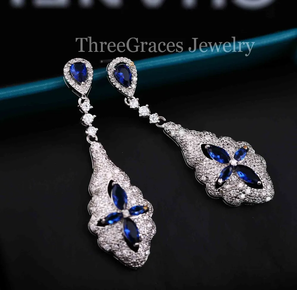 ThreeGraces-Vintage-White-Gold-Color-Fully-Inlay-Long-Cubic-Zirconia-Crystal-Royal-Blue-Big-Ethnic-Earrings