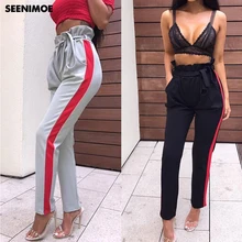 

2018 Black Gray Casual Trousers Women Broek High Waist Harem Pants Bow Tie Drawstring Sweet Elastic Waist Pockets Pencil Pants