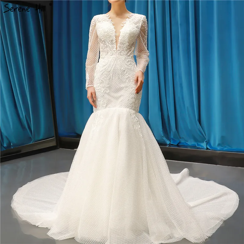 

Long Sleeves Fashion Sexy Backless Wedding Dresses 2019 Mermaid Handmade Flowers Vintage Bride Gown Real Photo 66602