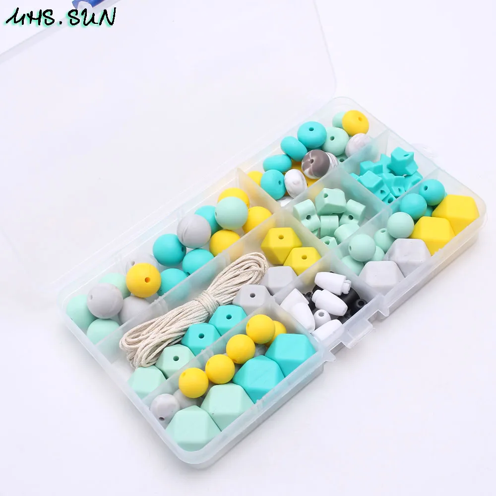 KT007 (2),$22.9.Kids Baby Heart Teething Silicone Beads Set Hexagon Chewable Teether Kits Accessories DIY Make Necklace Pacifier Clips JPG