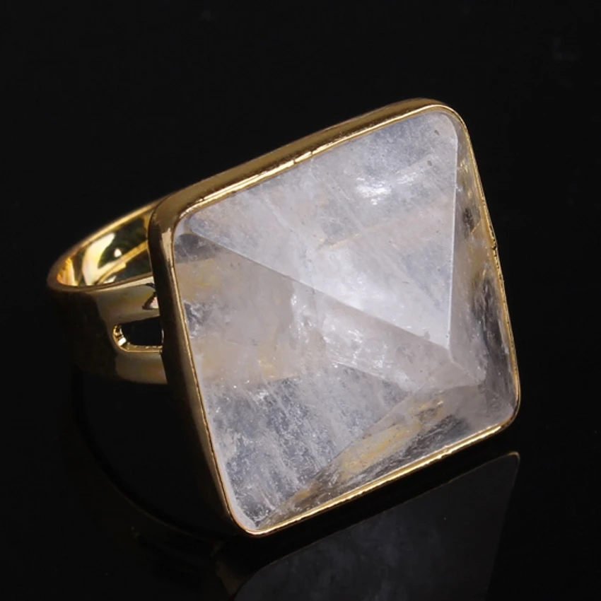 

100-Unique Light Yellow Gold Color Natural Rock Crystal Square Pyramid Stone Adjustable Finger Ring Jewelry