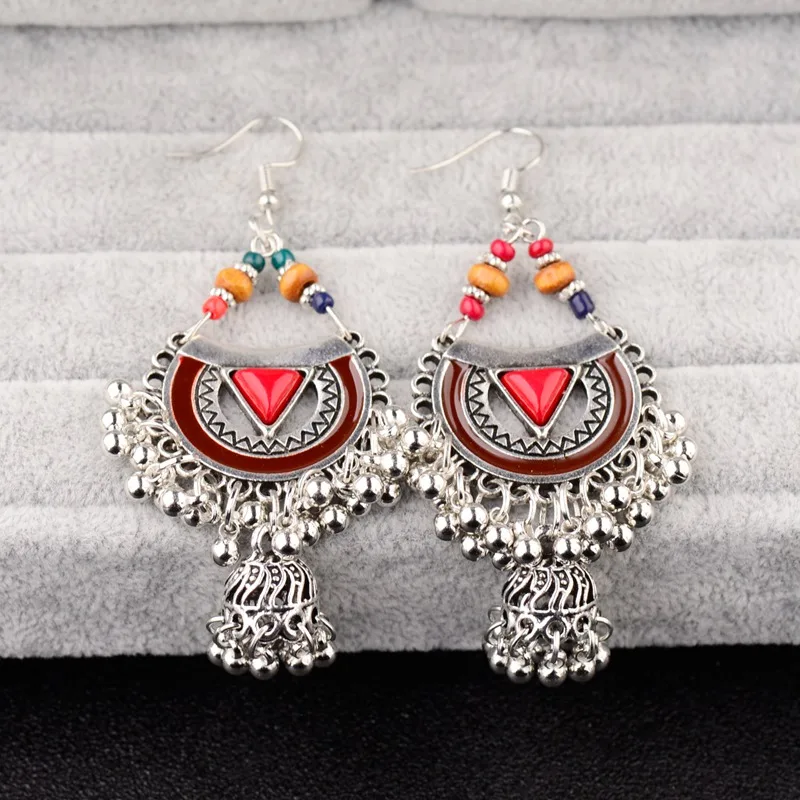 

OIQUEI Bohemian Indian Jewelry Sliver Hollow Dangle Earrings For Women Vintage Ethnic Long Small Bell Tassel Drop Earring Female