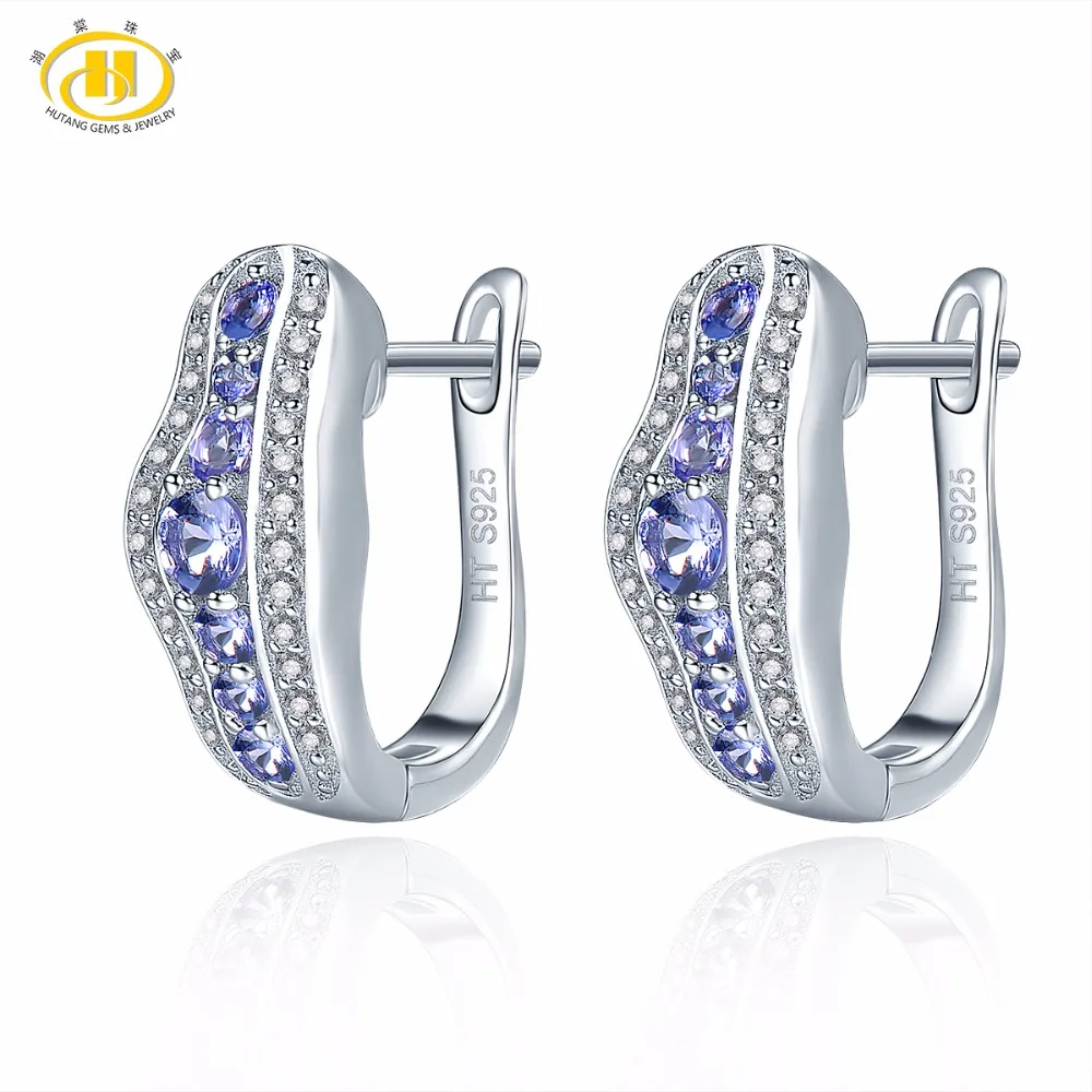 

Hutang Gemstone Jewelry 925 Sterling Silver Natural Stone Tanzanite Hoop Earrings For Women Gift Fine Fashion Jewelry New 2018
