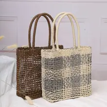 Women Hand-Woven Rattan Bag Lady Straw Purse Wicker Crossbody Beach Bag Gift Fishing Net Matching Plaid Handbag Shoulder Bags
