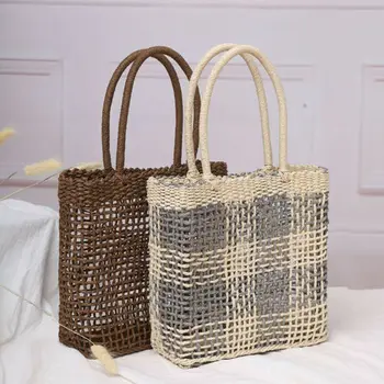 

Women Hand-Woven Rattan Bag Lady Straw Purse Wicker Crossbody Beach Bag Gift Fishing Net Matching Plaid Handbag Shoulder Bags