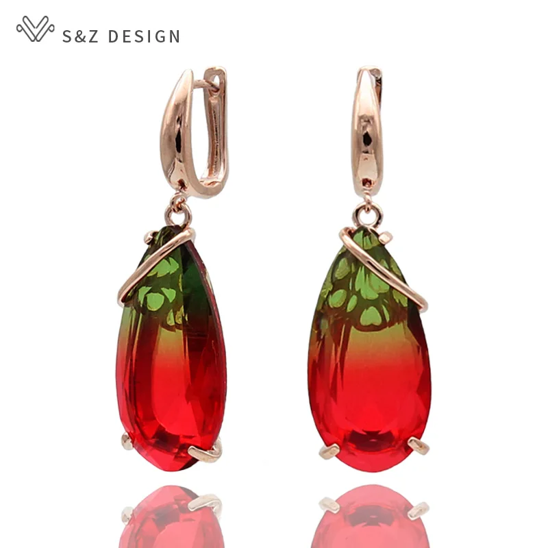 

S&Z New Symmetry Colorful Gradient Large Water Drop Zircon Dangle Earrings 585 Rose Gold For Women Wedding Jewelry
