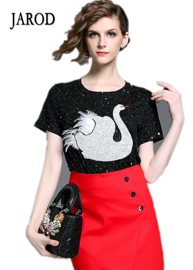 2017 New Arrival Summer Women Casual Embroidery Short Sleeve Swan T Shirts Ladies Sequins Basic Tops