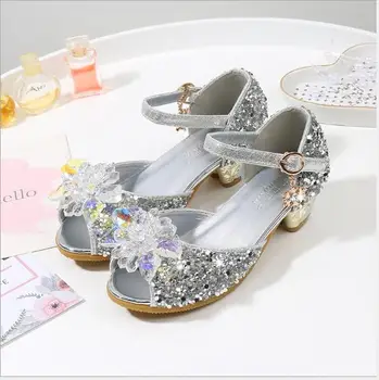 

2020 Children Princess Glitter Sandals Kids Girls Wedding Shoes Square Heels Dress Shoes Party Shoes Purple/gold