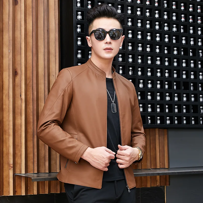 

Men Fashion Leisure Zipper Casual Leather PU Letter Jacket Haining Leather Spring And Autumn New Style Thin Genuine Leather Male