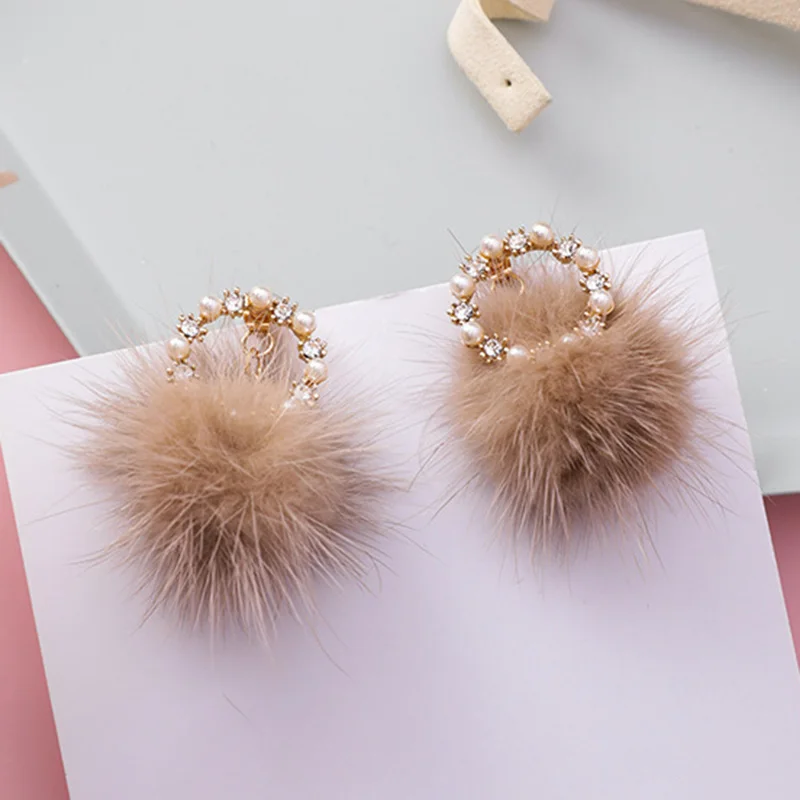 

2019 New Japan Korean Khaki Mink Hair Pompom Pearls Circle Loop Drop Earrings For Women Cute Sweet Ball Dangle Earring