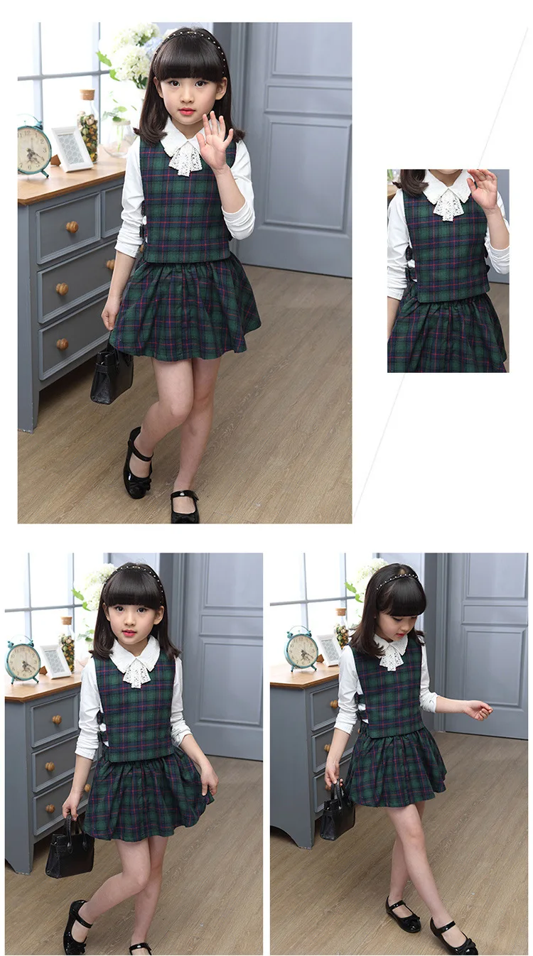Girls White Shirt Plaid Waistcoat Skirts 3PCS Suit 11